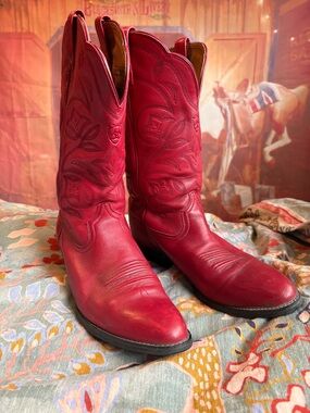 ❤️ Ariat Red Leather Western Cowboy Boots Floral Stitch Size 9B